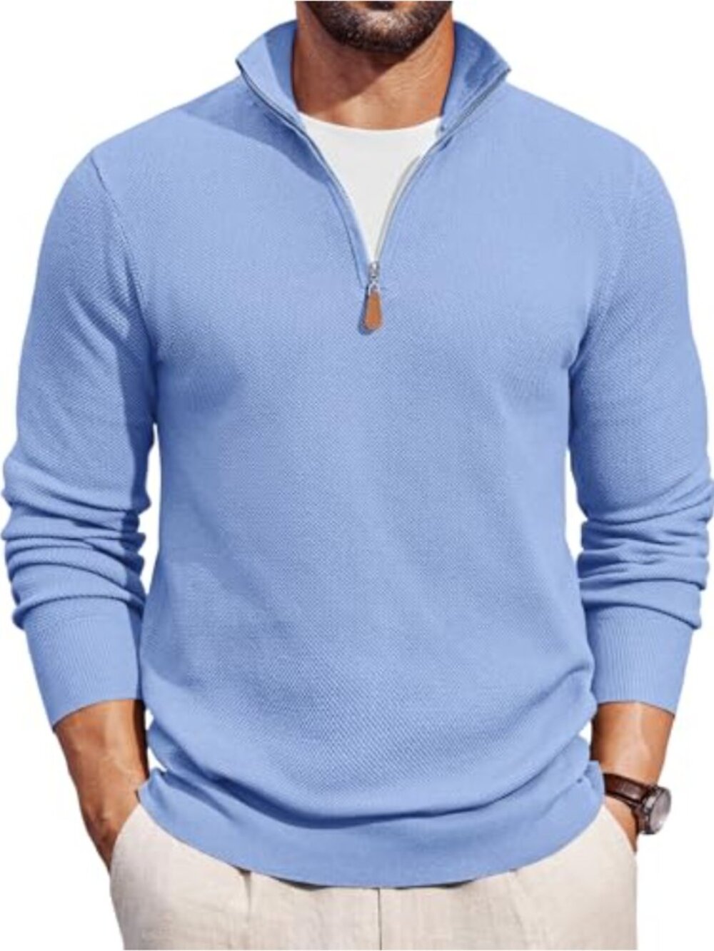 Men's Quarter Zip Pullover Long Sleeve Textured Knit Sweater